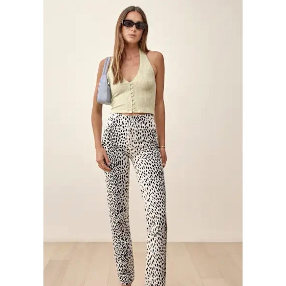 Reformation Cynthia Cheetah High Rise Straight Long Jeans Women's 28 Retail $188